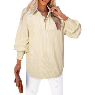 Imagem de Blusa feminina elegante, lanterna listrada, manga comprida, gengibre, 