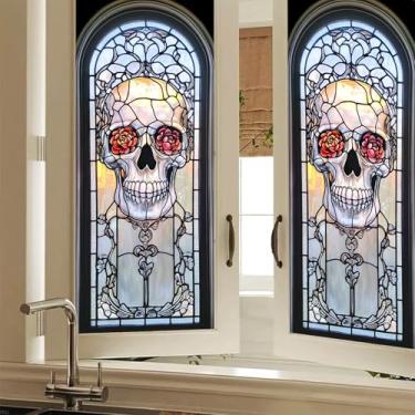Imagem de HOMETITUTE Adesivo de janela do Dia dos Mortos 45 x 99 cm, decalque de vidro vertical, decoração de casa, Dia das Bruxas, crânio, açúcar, crânio, catrina, rosa, painel de PVC, decoração de festival