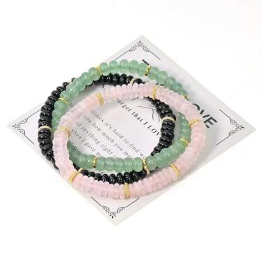 Imagem de L&J JEWELRY Pulseira de pedra preciosa de cristal natural, 3 peças, traz cura de cristal, aumenta a confiança e a vitalidade, manifestação de amor e romance, chacra de coração de pedra rosa, pulseira