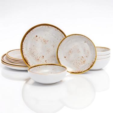 Imagem de TP Conjunto de louça de 12 peças, conjunto de pratos de melamina com tigelas e pratos, serviço de jantar leve e inquebrável para 4, redemoinho cinza