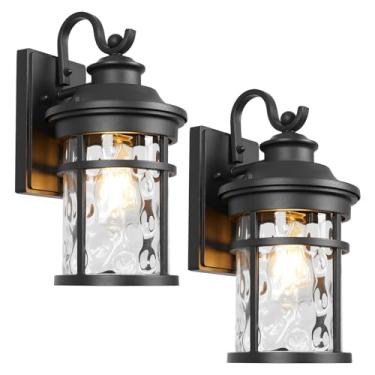 Imagem de Treekee Suporte de parede para luminária externa, arandela de parede externa moderna com vidro ondulado de água e soquetes E26 para varanda frontal, lanterna de parede preta rústica para pátio