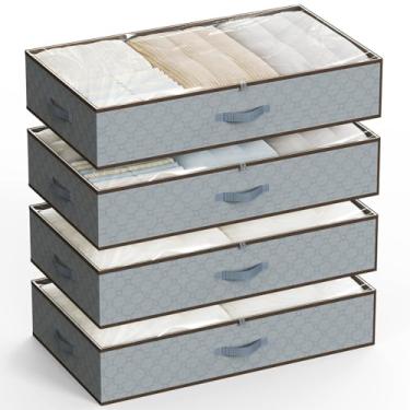 Imagem de LUOFNI Recipientes de armazenamento grandes sob a cama, [pacote com 4/tecido inferior atualizado] Design adequado para carpete armazenamento de roupas embaixo da cama com paredes laterais resistentes