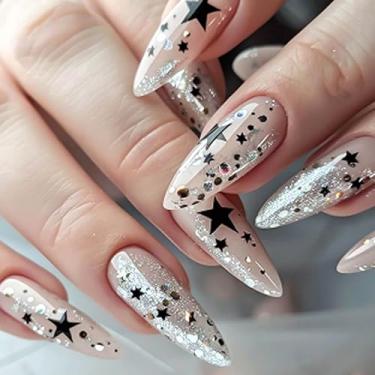 Imagem de RUOKEXIN Unhas postiças longas de amêndoa, unhas postiças com glitter prateado com design de estrelas, unhas artificiais brilhantes, unhas longas, cola stiletto nas unhas, 24 peças
