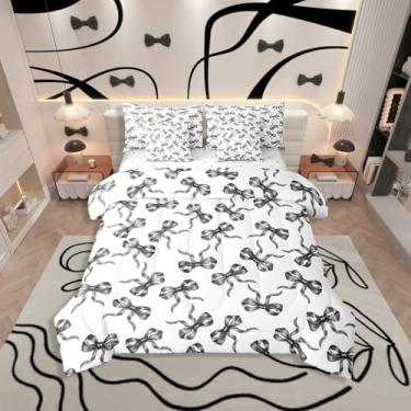Imagem de Erosebridal Jogo de cama casal com laço preto e branco, 7 peças, para meninas, preto, branco, conjunto de lençol com estampa de princesa e edredom