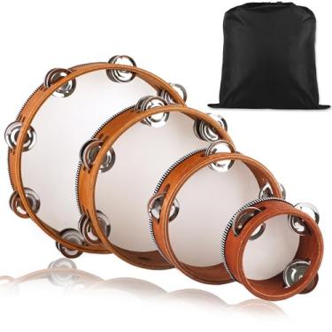 Imagem de Pacote com 4 pandeiros de madeira, 10, 15, 20, 25 cm, pandeiro para adultos com uma fileira dupla, bolsa de armazenamento de tambor portátil para percussão musical para festa de casamento na igreja
