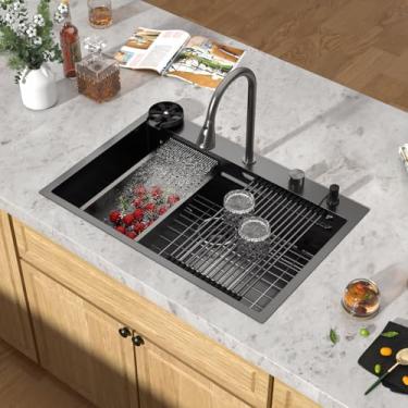 Imagem de Talllor Pia de cozinha em cascata 33 - 83 x 55 cm, estação de trabalho para pia de cozinha inteligente, aço inoxidável, calibre 16, montagem superior, tigela única sobre balcão, lavatório de cachoeira