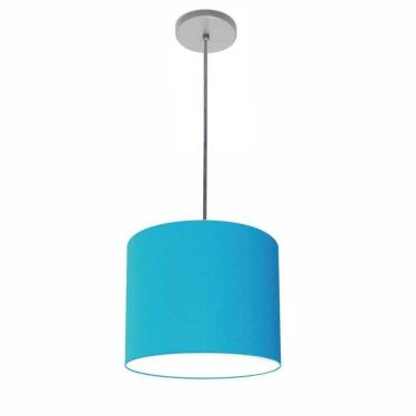 Imagem de Lustre Luminária Pendente Vivare Free Lux Pe-4106cz Cúpula Em Tecido 20x25cm Azul-turquesa Canopla Cinza E Fio Cristal