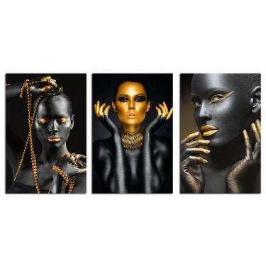 Imagem de Quadros em tela canvas Mulher Negra Dourada Trio - D.Lima produtos
