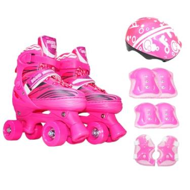 Imagem de Patins Infantil Roller Ajustável 4 Rodas Rodinha Proteção (Rosa, M - 33 ao 36)