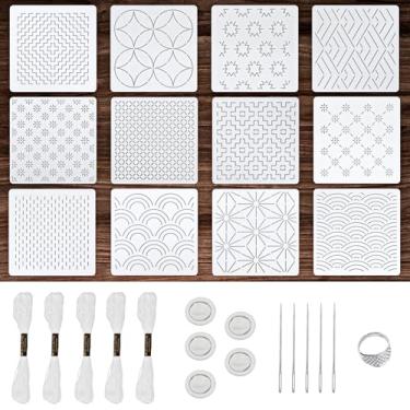 Imagem de XLIUAX Kit de estêncil de plástico Sashiko, 28 peças, 12 x 12 cm, bordado geométrico, com dedal Sashiko e agulhas, modelo de linha de desenho de linha para costura acolchoada à mão