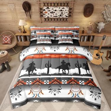 Imagem de Erosebridal Jogo de cama Queen Western Cavalo Ocidental em uma bolsa, 7 peças, com caveira, apanhador de sonhos, boêmio, para quarto de crianças, meninos e adolescentes, caubói asteca, geométrico