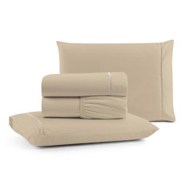 Imagem de Jogo Cama Lençol Bali Queen Percal 180 Fios 100% Algodão Ponto Palito 4 Peças - Avelã