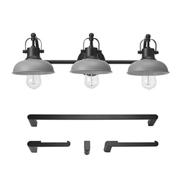 Imagem de Globe Electric 52065 Gladstone Conjunto de banheiro multifuncional de 5 peças, preto fosco, luz de 3 luzes com persianas de metal cinza fosco, barra de toalha, anel de toalha, gancho de roupão