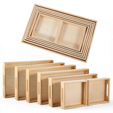 Imagem de 7 peças/conjunto de bandejas de madeira para servir, bandeja grande de madeira de pinheiro inacabada com alça, forma retangular, travessas de sofá aninhadas de estilo rústico para entretenimento