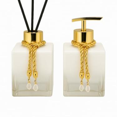 Imagem de Kit Difusor e Saboneteira de Vidro 250ml com Varetas e Cordões Decorativos – Aromatizador Luxo Transparente para Banheiro, Lavabo e Presente Elegante (Branco Degrade C/Dourado)