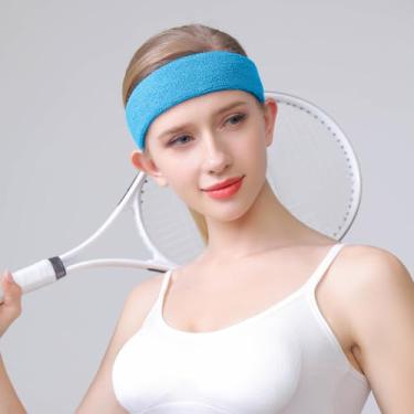 Imagem de Faixa de cabeça esportiva para homens e mulheres – Faixa de suor atlética de algodão felpudo para tênis, basquete, corrida, academia, malhar (azul)