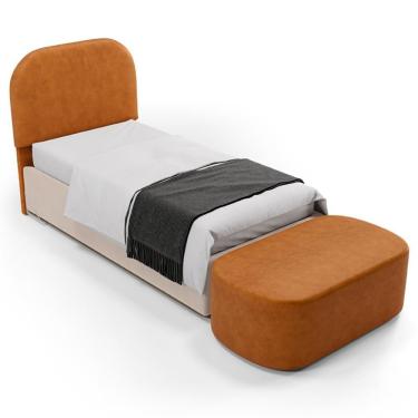 Imagem de Cabeceira Cama Box 100cm Lanna Com Puff Recamier Doha W01 Couríssimo Canela - Lyam Decor