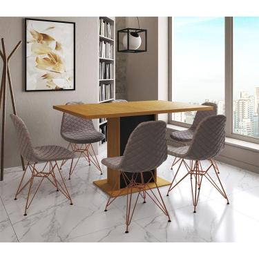 Imagem de Mesa Jantar Londres Retangular Canela 137X90 Base Preta 6 Cadeiras Estofadas Nude Médio Base Cobre
