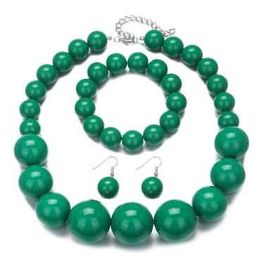 Imagem de KZL Conjunto de joias de contas grossas para mulheres colar gargantilha de contas coloridas redondas de acrílico dos anos 80 brincos com pingente de gota de néon retrô grande pulseira de fio joia de