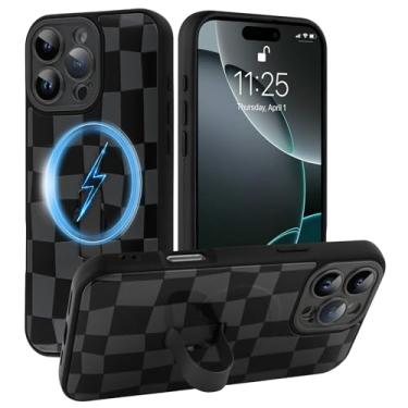 Imagem de SOKAD Capa quadriculada magnética para iPhone 16 Pro Max com suporte de alça de dedo, compatível com Magsafe, lindo tabuleiro de xadrez projetado para mulheres e homens, capa de proteção completa para