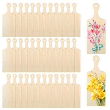 Imagem de 36 peças de mini tábua de corte de madeira com alça de madeira inacabada, mini tábuas de charcutaria, raquete em branco, pequena tábua de cortar para decoração de cozinha faça você mesmo, cozinhar