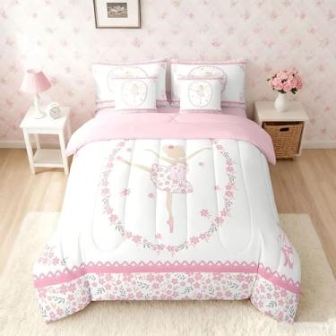 Imagem de Feelyou Conjunto de cama para meninas de balé, floral, botânico, tamanho casal, 7 peças, decoração de bailarina, conjunto de cama em um saco, com edredom, lençol, fronhas, fronhas modernas rosa e