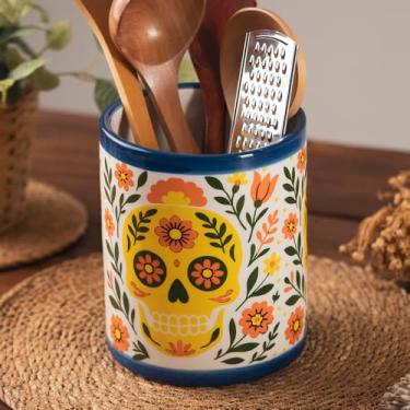 Imagem de Suporte grande de cerâmica mexicana Talavera para utensílios de cerâmica para balcão de cozinha, organizador de acessórios, bancada de cozinha extravagante, colher decorativa, espátula, armazenamento