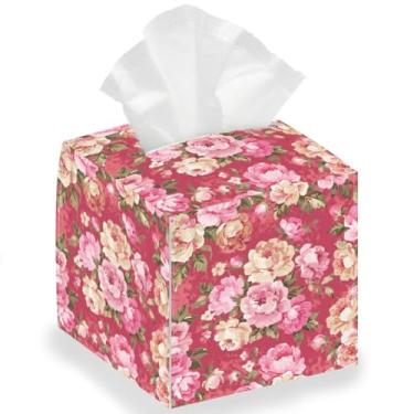 Imagem de DELORIGIN Suporte de caixa de lenços vintage peônia de couro quadrado dobrável papel facial decorativo capa de papel toalha de papel organizador de recipiente para mesa, banheiro, penteadeira, bancada