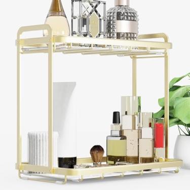 Imagem de AquaChase Organizador elegante para banheiro, cozinha ou café, prateleira de metal com mármore sintético, armazenamento de maquiagem de bancada, prateleira de exibição de perfume de cômoda, bandeja de