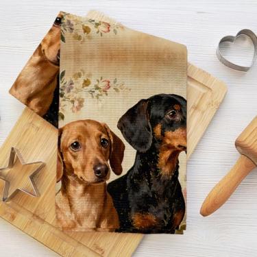 Imagem de Toalhas de cozinha vintage com padrão floral e dachshund, toalha de prato decorativa de microfibra absorvente, toalhas de mão de waffle para cozinha, casa, banheiro, presentes para amantes de cães