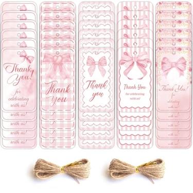 Imagem de 100 peças de etiquetas de agradecimento de laço rosa, etiquetas de presente de papel aquarela com corda de cânhamo para aniversário, casamento, casamento, chá de bebê, presente faça você mesmo