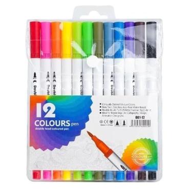 Imagem de Canetas Brush Pen e Ponta Fina 2 em 1 Kit Profissional para Lettering Caligrafia e Desenho Canetinhas Coloridas Dual Tip para Artistas Estudantes e Adultos (12 cores)