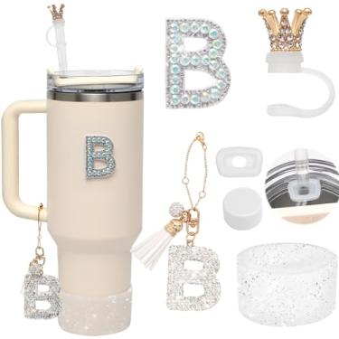 Imagem de Rabrgab Conjunto de 6 peças de acessórios de copo para copo Stanley - Pingente de letra dourada para alça de copo, capa de canudo de silicone, adesivo de carta de diamante, bota de silicone brilhante,