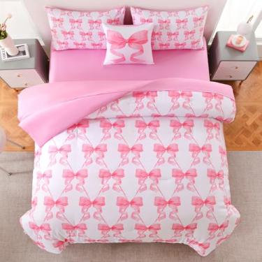 Imagem de DORCAS Jogo de cama de casal com laço em uma bolsa para meninas, 6 peças, conjunto de cama com laço rosa com lençol para crianças