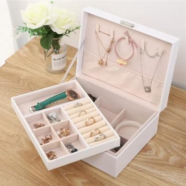 Imagem de Porta Joias em Veludo - Maleta Elegante Organizadora com Chave - Porta-Joias, Grande, Colar, Brinco, Anel, Bijuterias, Viagens, Presente 23x17x8,5cm, Colares, Brincos e Anéis, Branco e Rosa (Branco)