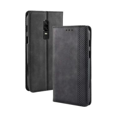 Imagem de Capa para OnePlus 6,Retro Flip magnético,Caso de telefone de couro PU,Design de carteira com 3 slots de cartão e 1 clipe de dinheiro -Black