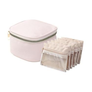 Imagem de simhoa Porta-joias portátil pequeno para viagem com 6 bolsos transparentes de veludo, ideal para guardar pulseiras e brincos, Rosa