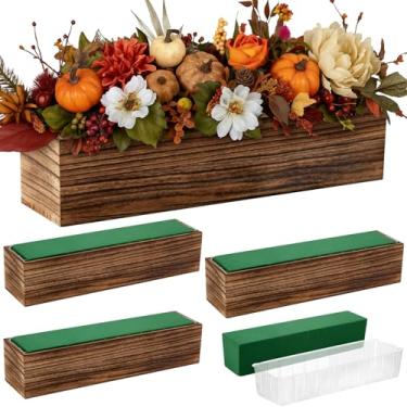 Imagem de Dandat Conjunto de 4 caixas de madeira para centros de mesa, retangular, 40,6 x 10,2 cm, plantador de madeira rústica com forro de plástico removível, blocos florais de espuma para centros de mesa