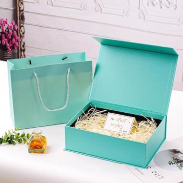Imagem de Caixas de presente magnéticas com tampas para presentes, Caixa de armazenamento retangular dobrável, para pedidos de damas de honra, aniversários e casamentos,Cyan 1 pack,11x7.9x3.5inch