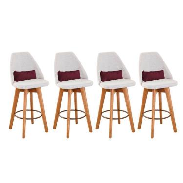 Imagem de Kit 04 Banquetas Alta Maya Giratória Com Encosto Gourmet Linho Bege e Almofada Suede Bordô - Aurora Line