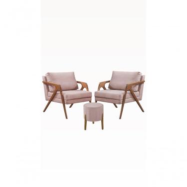 Imagem de Conj. 2 Mona Com 1 Puff Madeira Maciça Veludo Moderna Cor:rose