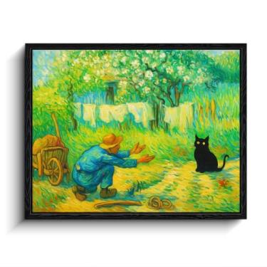 Imagem de Arte emoldurada de gato preto, arte de parede de gato preto engraçado, impressão artística texturizada Van Gogh gato em jardim florido com jardineiro, pôsteres ecléticos para quarto, decoração de