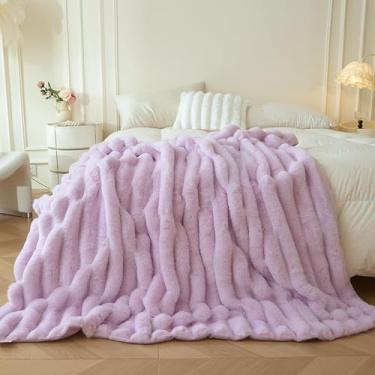 Imagem de MEGO Manta fofa de pele de coelho sintética, cobertor felpudo de pelúcia e listras largas para cama, sofá, cadeira, roxo claro, salsicha, quarto, sala de estar, cobertor peludo para crianças, meninas