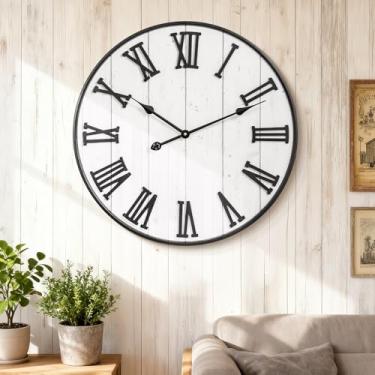 Imagem de Relógio de parede de metal com algarismos romanos brancos de 61 cm, relógio de parede grande silencioso sem tique-taque para decoração de sala de estar, relógio de madeira moderno de fazenda operado