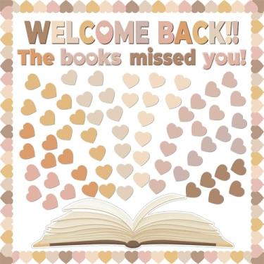 Imagem de Conjunto de decorações de boletins de leitura de coração, sala de aula, boho, coração, leitura, quadro de avisos, recorte de borda Welcome Back The Books Missed You, conjuntos de recortes de papel
