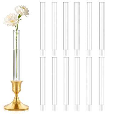 Imagem de Pacote com 12 vasos de botão de acrílico de 20 cm — Vaso cilíndrico para castiçais cônicos, vaso de flores com capa de borracha de silicone para tamanho de castiçal de 20 a 22 mm, perfeito para