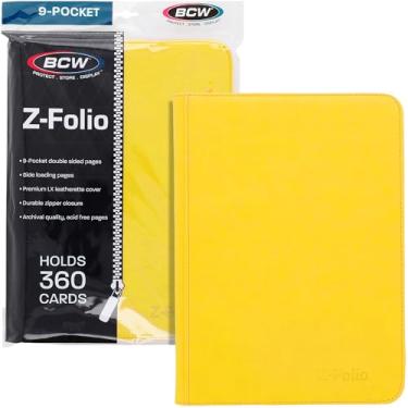 Imagem de BCW Z-Folio Álbum LX com 9 bolsos – Amarelo | Organizador de cartões seguro com zíper | Fichário de coleção de cartões de couro sintético premium | Fichário de cartas colecionáveis para Pokémon, MTG