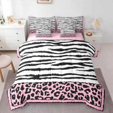 Imagem de Feelyou Conjunto de edredom com listras de zebra, tamanho Queen, 7 peças, estampa de leopardo, para crianças, meninos, meninas, guepardo, zebra, pele selvagem, decoração de quarto de microfibra macia