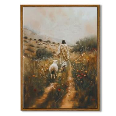 Imagem de Arte de parede cristã emoldurada 12 × 16 polegadas Jesus deixa as 99 ovelhas arte de parede decoração de arte em tela Jesus pintura imagens para parede religiosa cristã decoração de parede