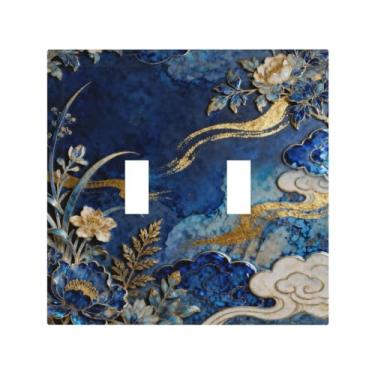 Imagem de WUYOCHA Placa decorativa para interruptor de luz, azul, branca, linha dourada, nuvem, 2 capas, placas de parede com interruptor duplo para tomadas elétricas, capas de placa frontal para decoração de